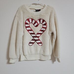 🤍 Miss Chievous Cozy Cream Sweater with Red Candy Cane Sequin Design